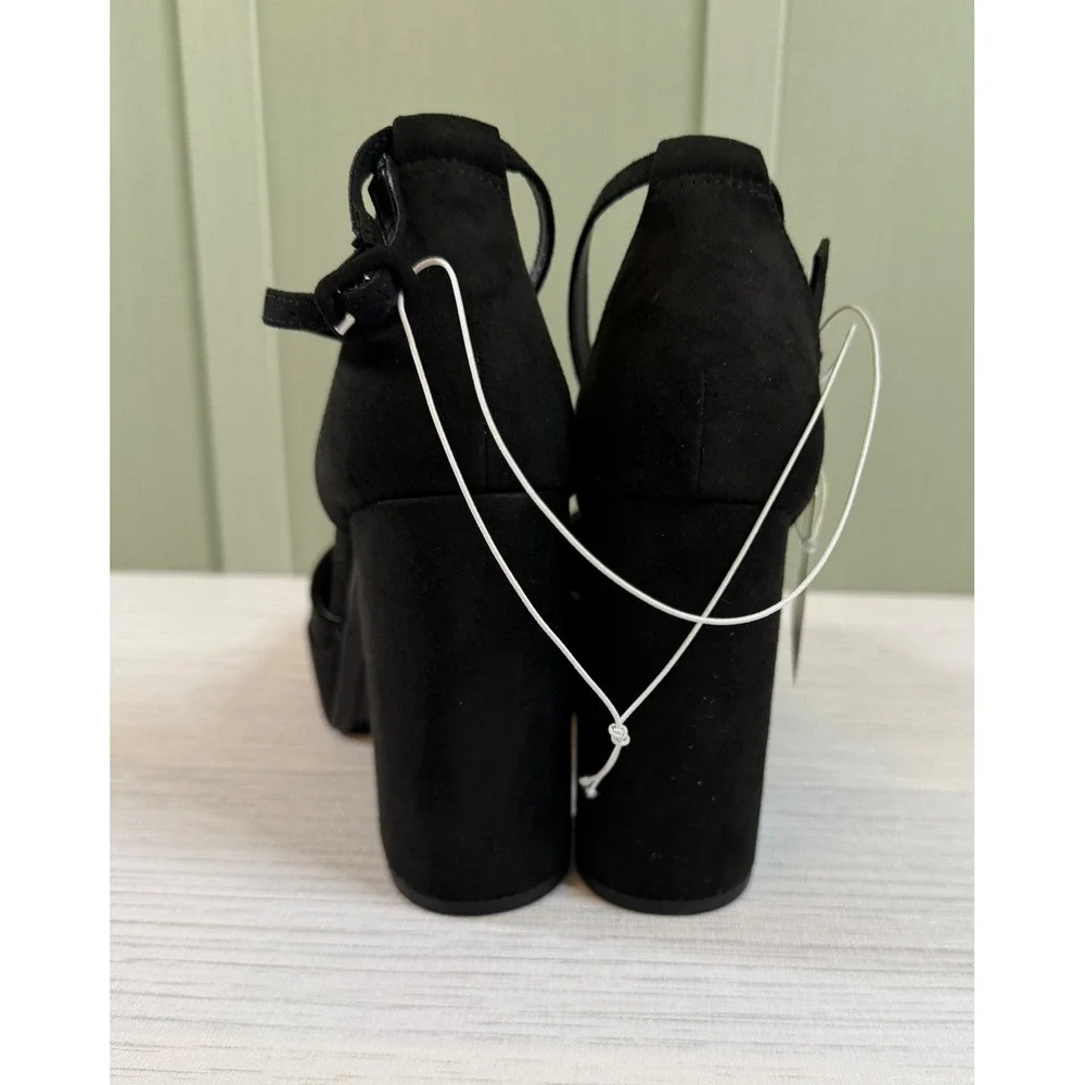 A New Day Size 9 Black Faux Suede Platform Block Heel Ankle Strap Pumps Womens